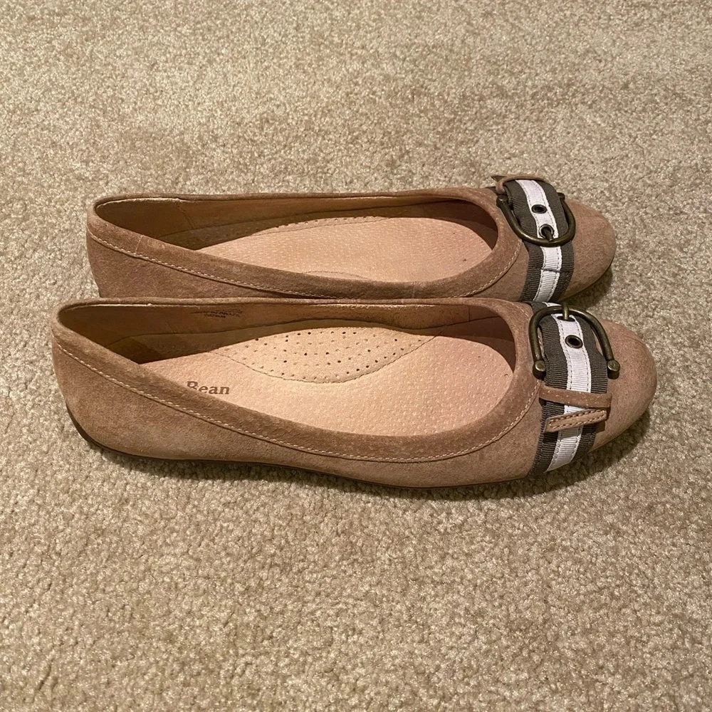 L.L. Bean Tan Flats with Brown and White Ribbon and Buckle Accents